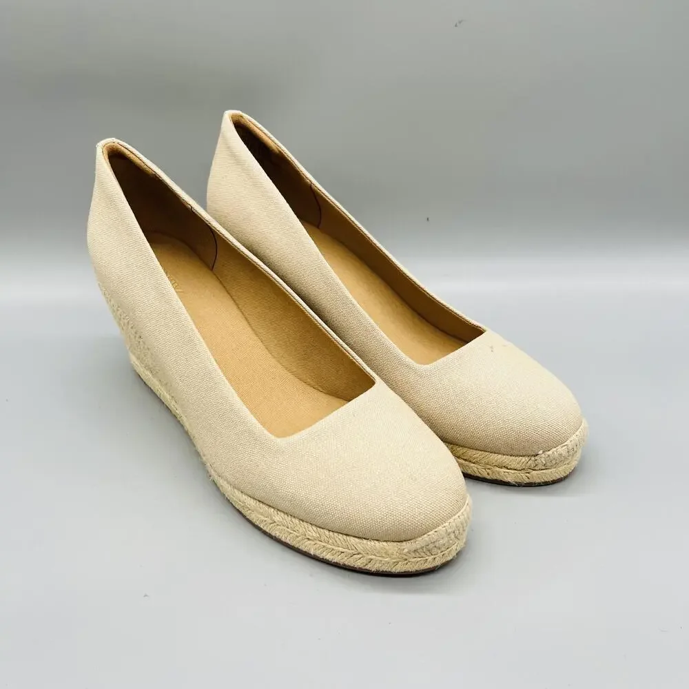 J Crew Shoes Womens 10 Beige Cotton Espadrille Wedge Heels Round Toe Slip On